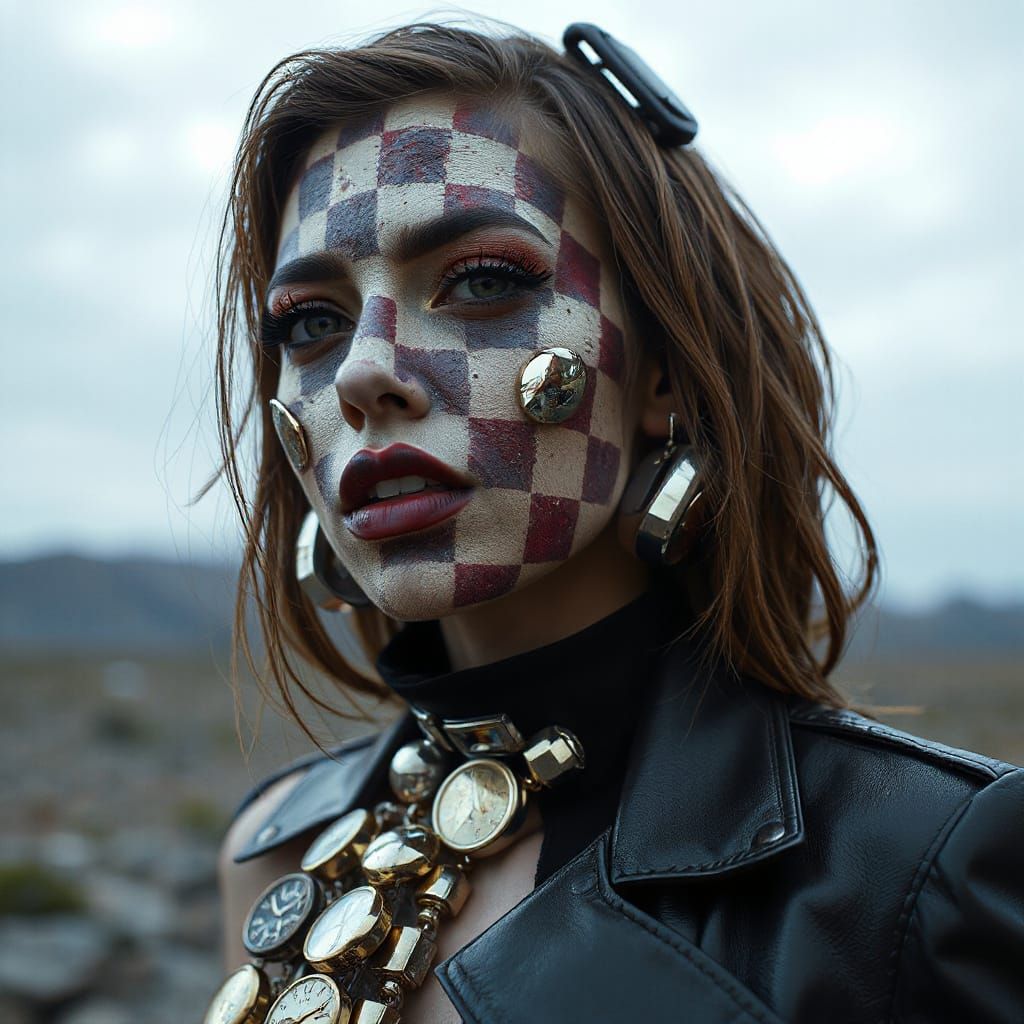 Dystopian Checkerboard Woman in Futuristic Attire