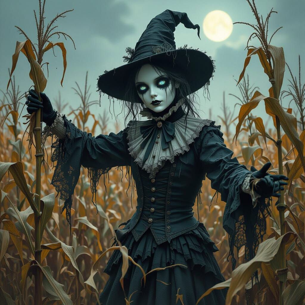 A melancholic gothic scarecrow with porcelain skin and piercing blue eyes, dressed in tattered Victorian attire, stands ...