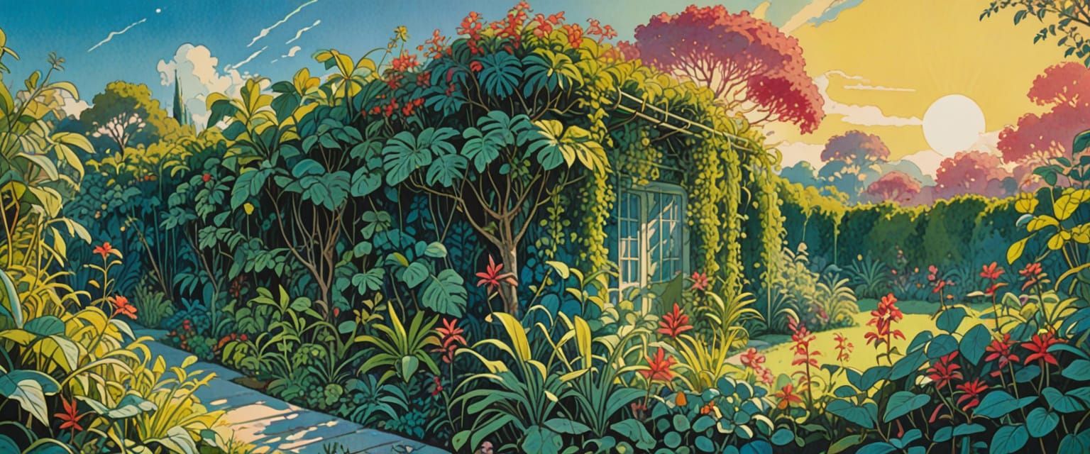 Vibrant Tropical Garden in Early Morning Sunlight