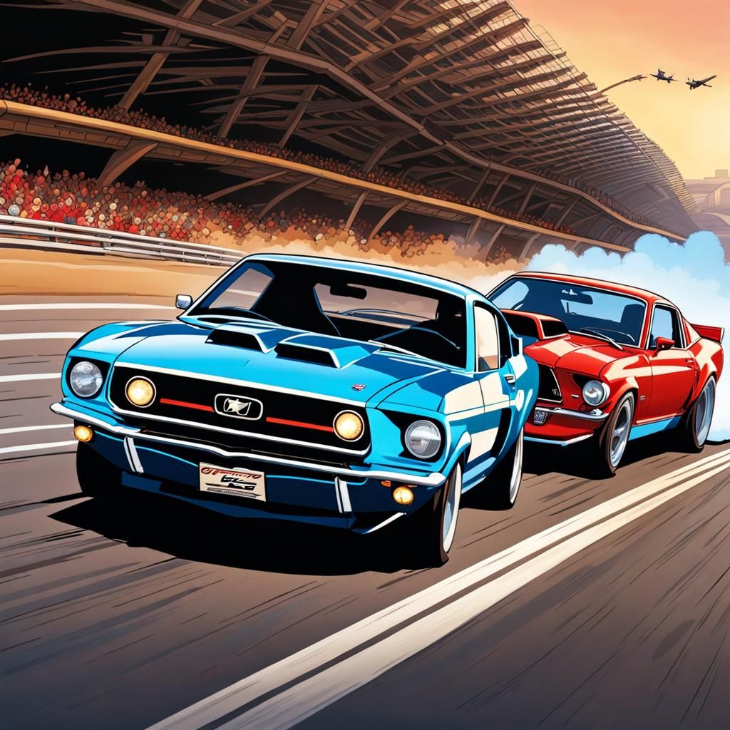 Drag Race: Civic vs Mustang in Comic Book Art