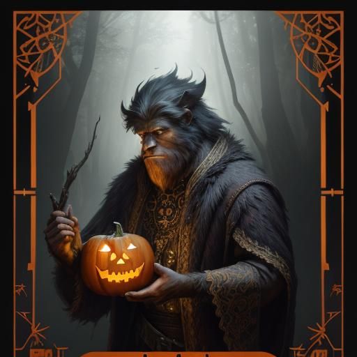 Bigfoot in Misty Forest with Jack O'Lantern