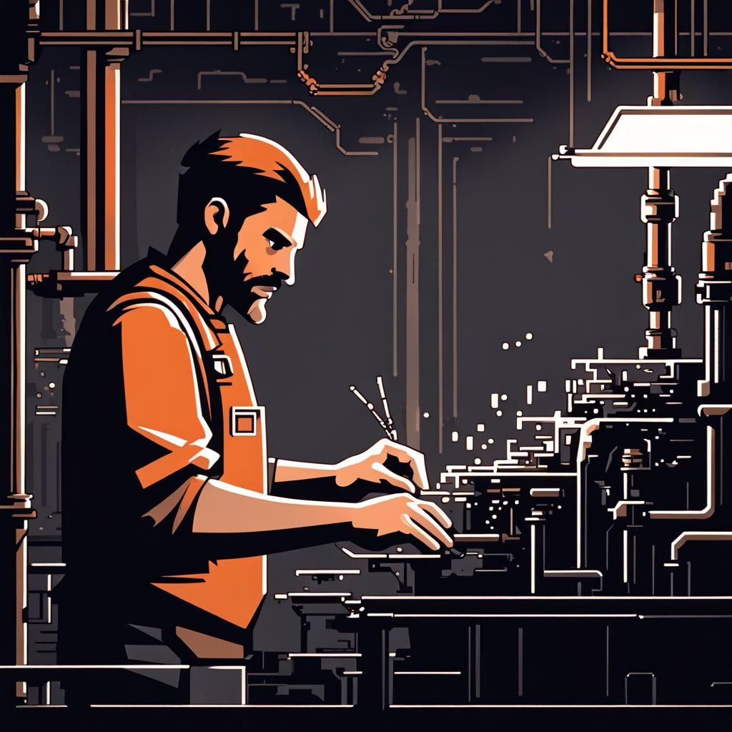 Pixel Art: Man Working in Steel Factory