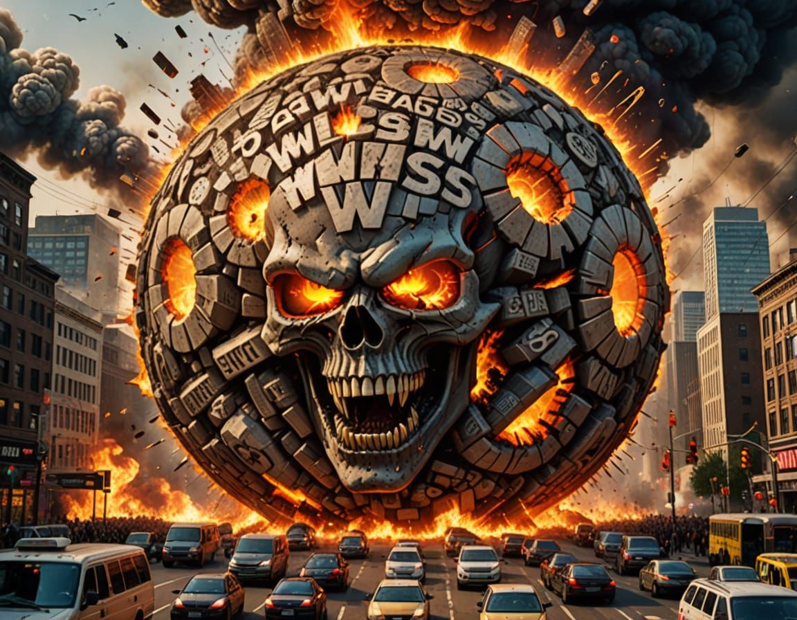 Massive City Explodes in Fiery Cataclysm with Demon Faces