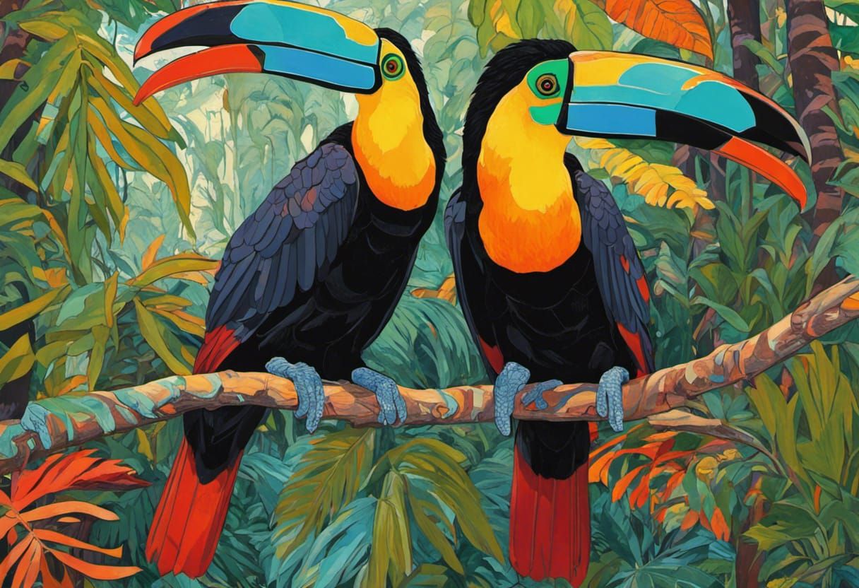 Toucans in Dappled Jungle Light: Oil Painting