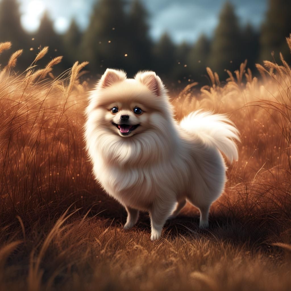 Pomeranian Dog in Field: Fantasy Concept Art