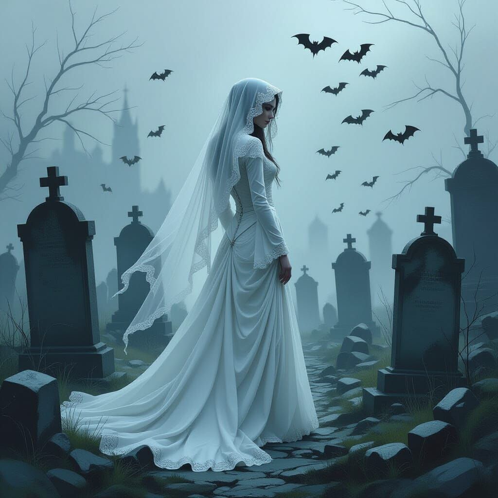 Gothic Lady in Graveyard as Oil Painting