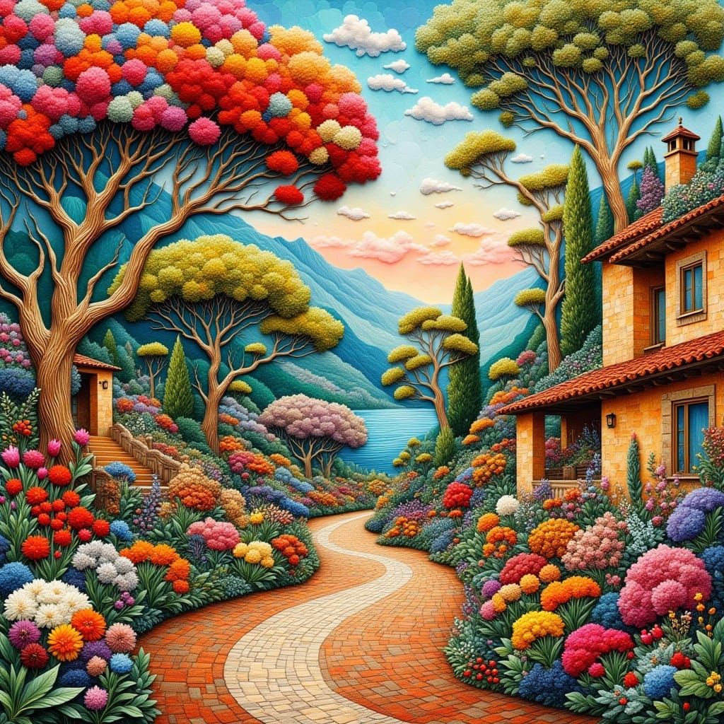 Abstract Italian Courtyard Scene in Vibrant, Textured Collag...