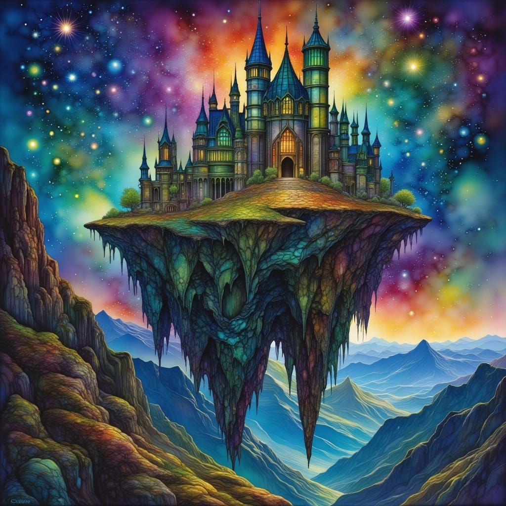 Eldritch Castle on Floating Island in Cosmic Twilight