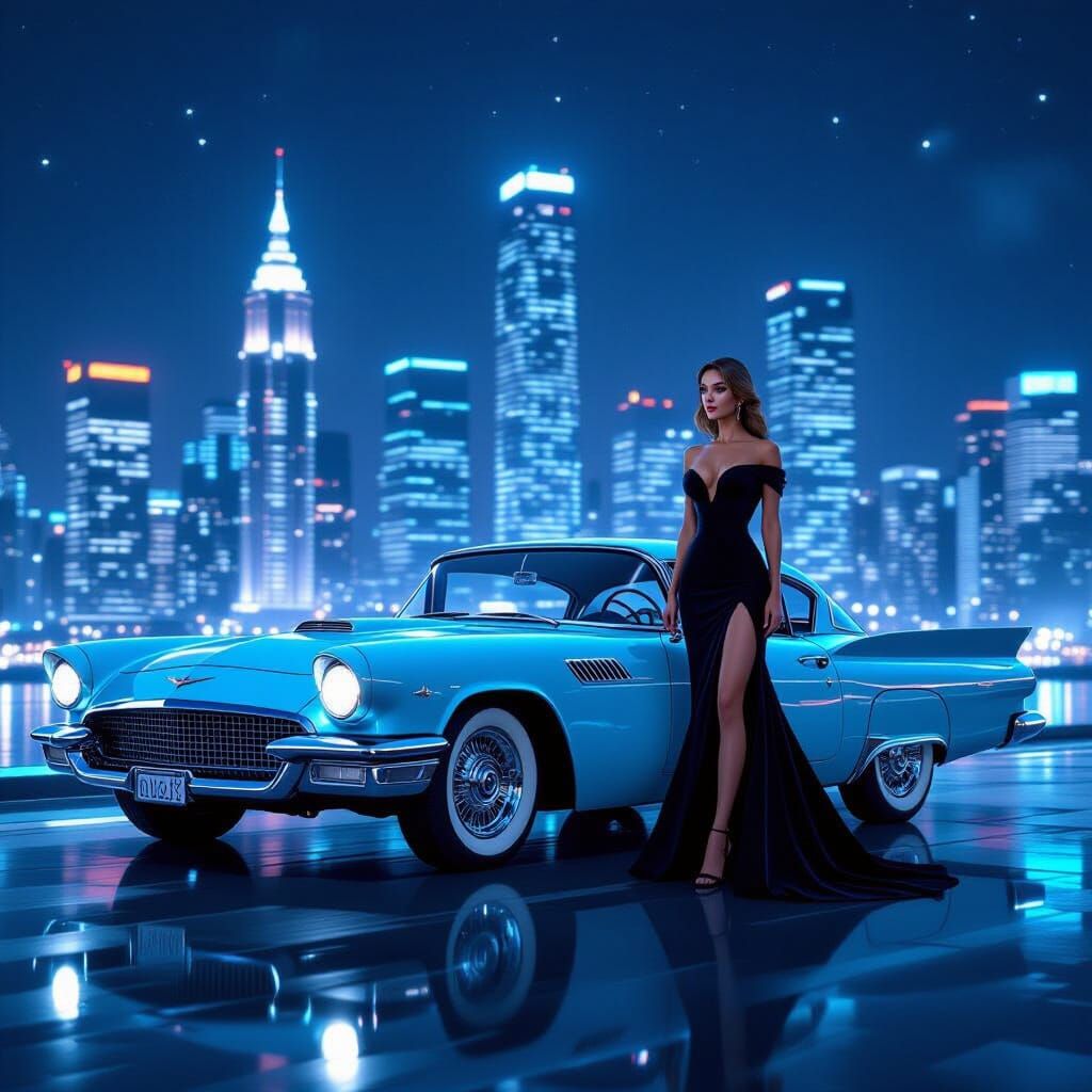 Futuristic Steel-Blue Coupe in Cyberpunk Cityscape