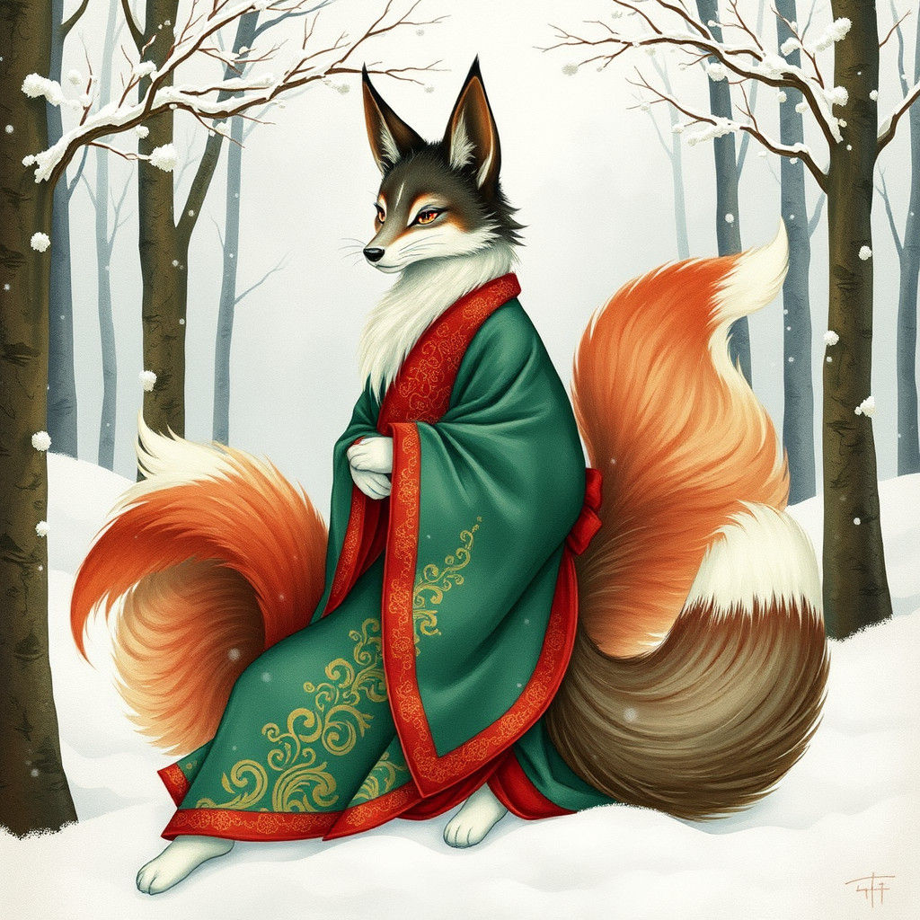 Nine-Tailed Fox in Winter Forest, Ethereal Art