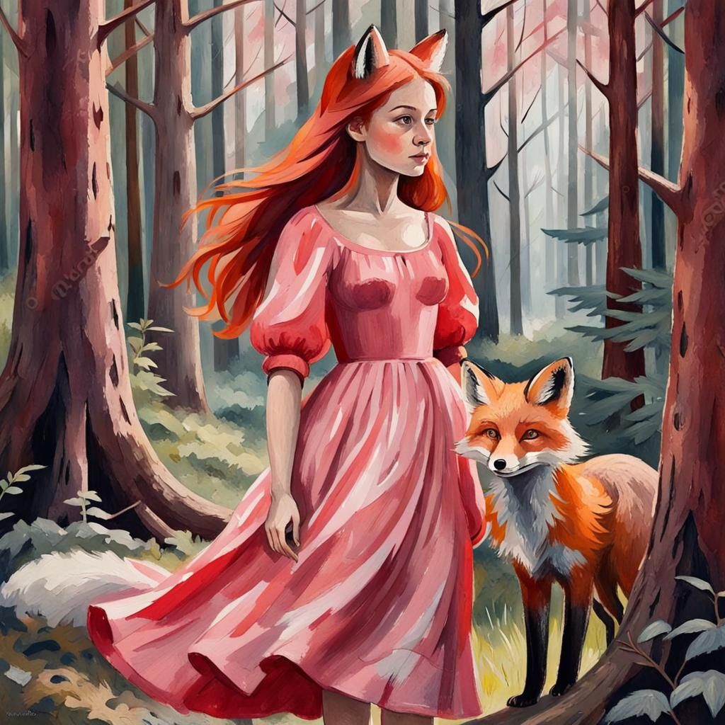 Fox Girl in Woods as Gouache Watercolor Painting