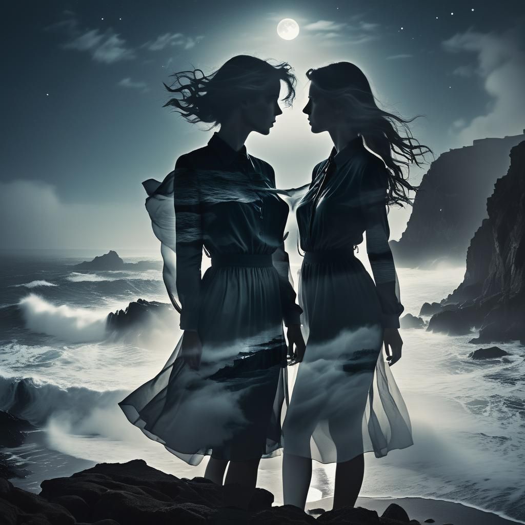 A woman's silhouette against a moonlit coast, waves crashing at her feet, the coast's rocky formations merged with her h...