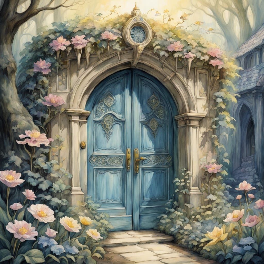 Secret door in the garden, intricate fantasy details, beauti...