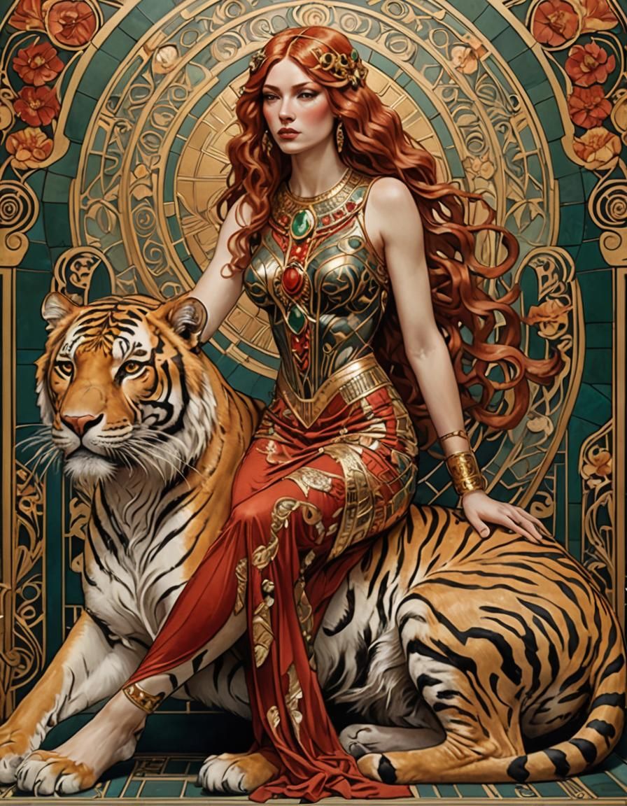 Art Nouveau Woman on Tiger with Red Hair