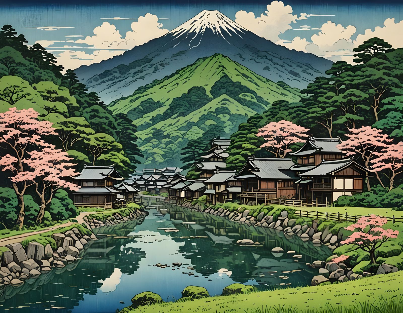 Japanese Landscape in Vibrant Jadepunk Style