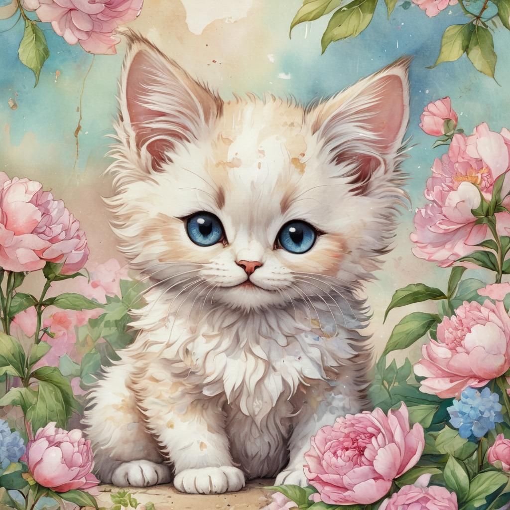 Watercolor Kitten with Wings in Starry Garden