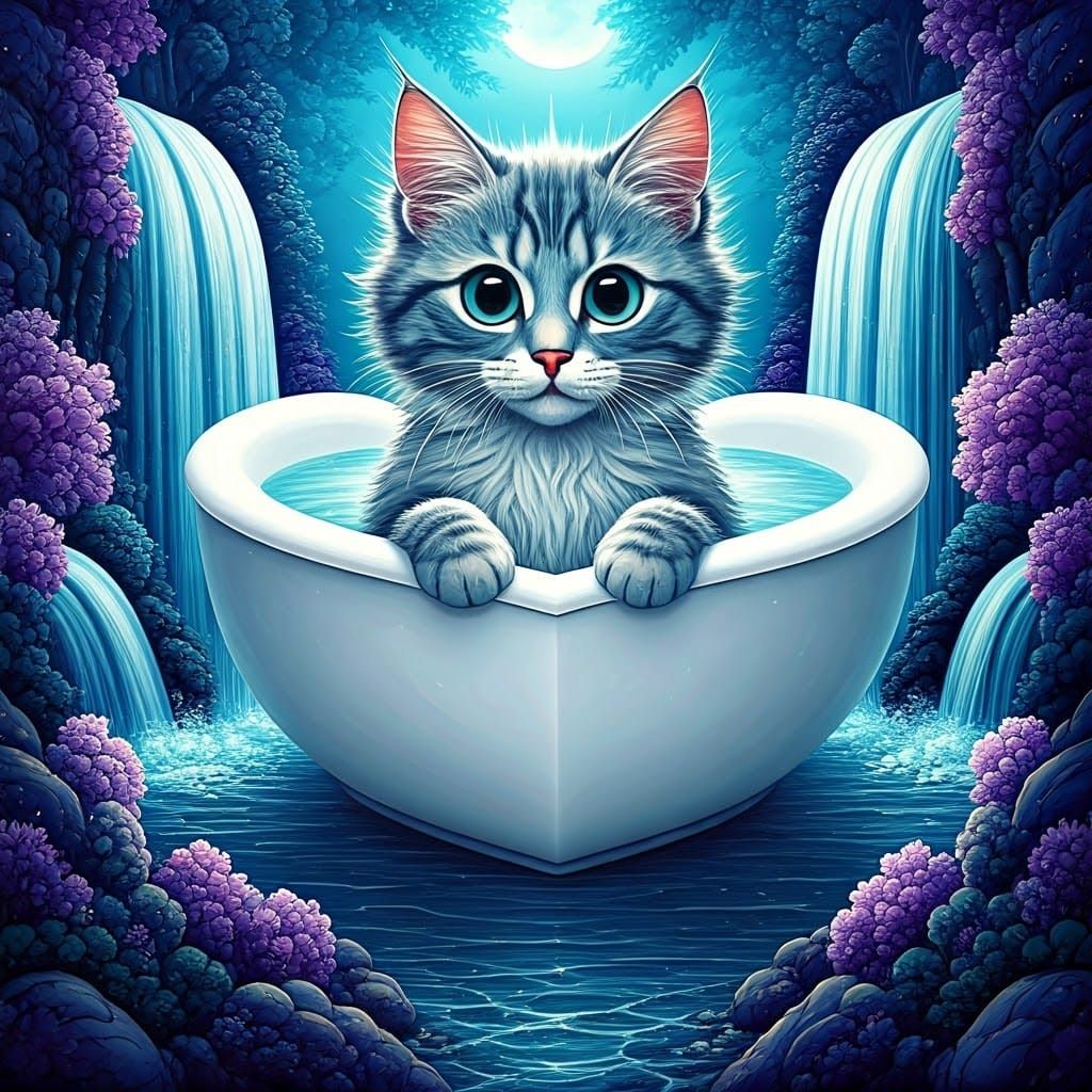 Impressionistic White Heart Tub with Majestic Fantasy Kitten