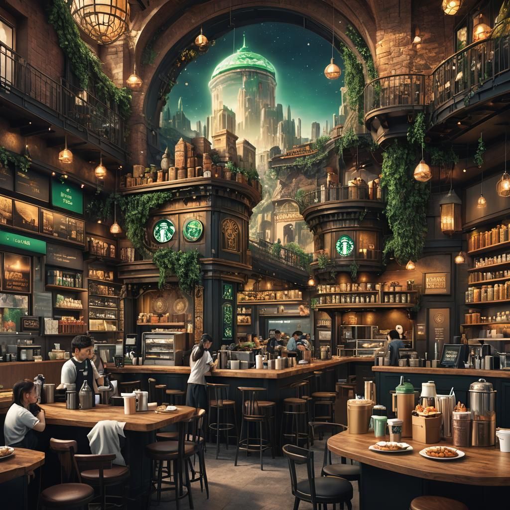 Detailed Starbucks Matte Painting in Deep Color