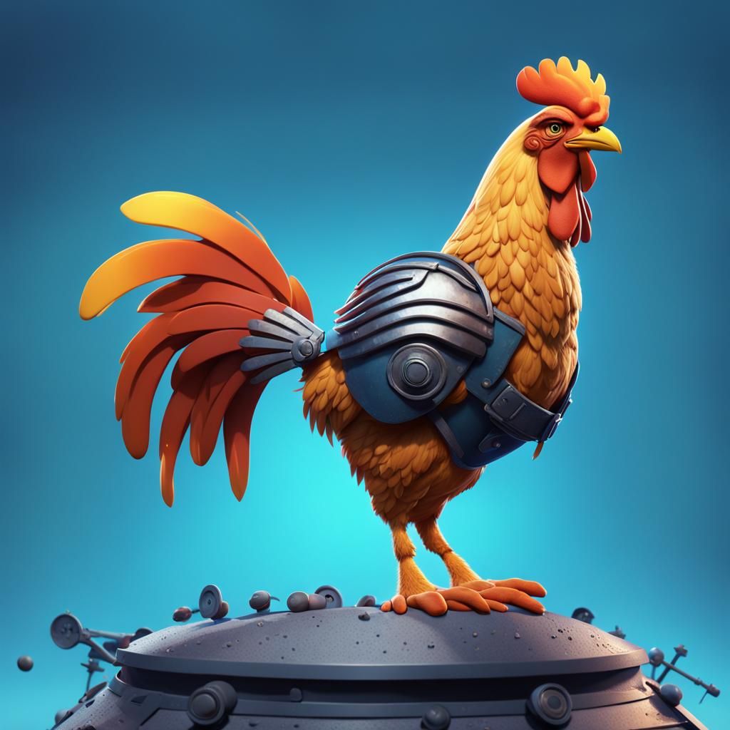 Army War Chicken with Blue Tower, Pixar Style
