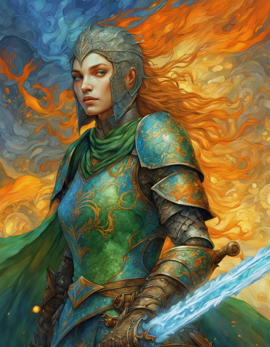 Vibrant Female Knight in Frosty Armor with Icy Sword and Fir...