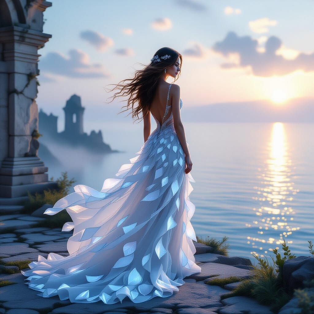 Serene Woman in Ethereal Glass Petal Dress at Dawn
