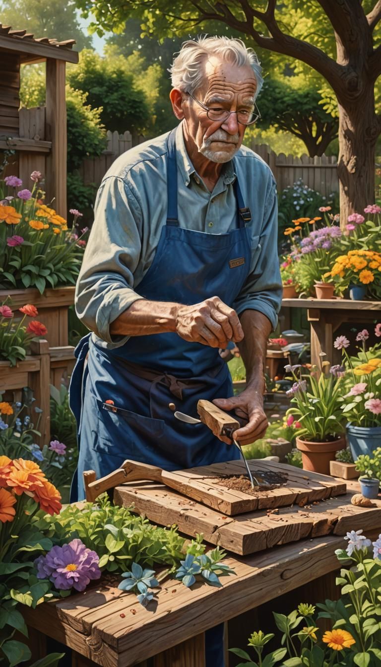 Hyperrealistic Woodcarver in a Lush Garden