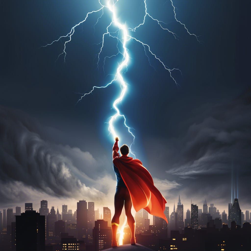 Superhero Struck by Lightning in Dark Cityscape