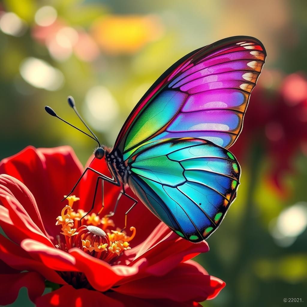 Iridescent Butterfly on Red Flower: Impressionist Surrealism