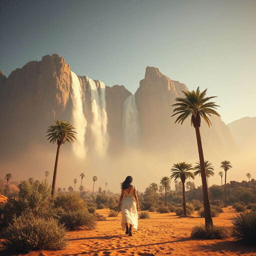 Woman Near Desert Waterfalls in Golden Light