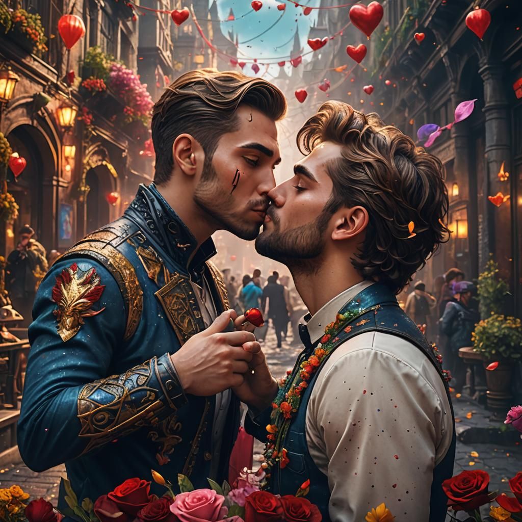 Romantic Date: Two Men Kissing, Detailed Matte Painting