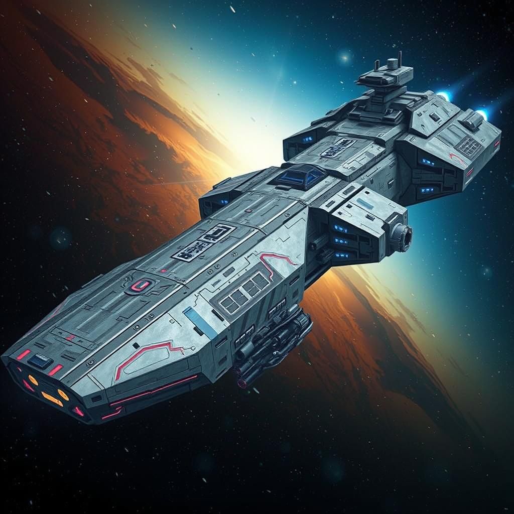 Menacing Silver Space Warship with Red Accents