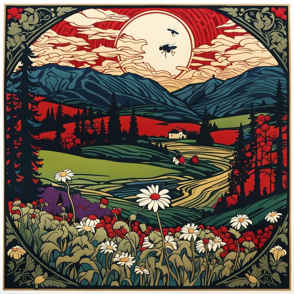 Vermont Landscape with Chickadee in Art Nouveau Style