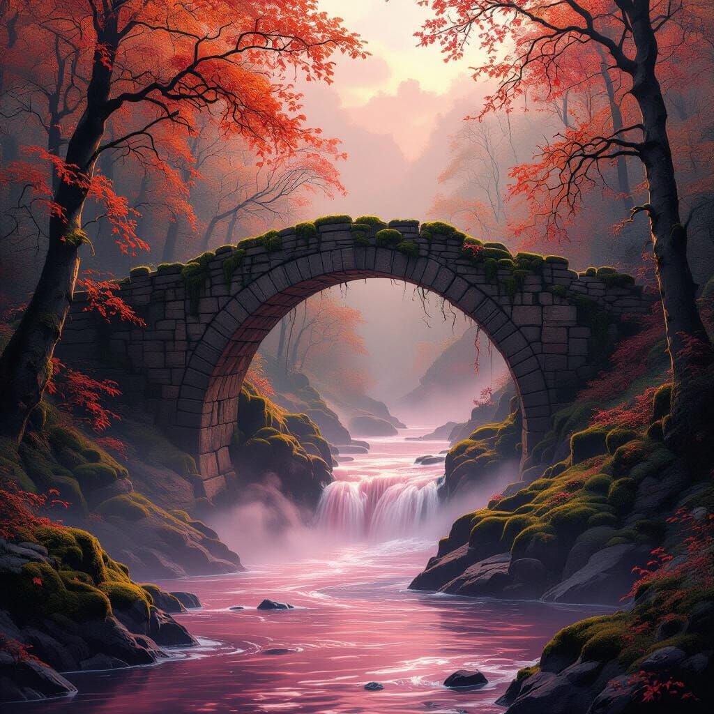 Mystical Autumn Bridge Over Pink Waterfall