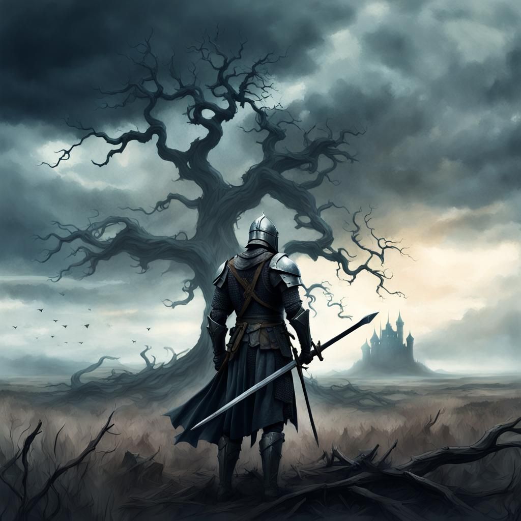 Weary Knight on Desolate Battlefield: Fantasy Art