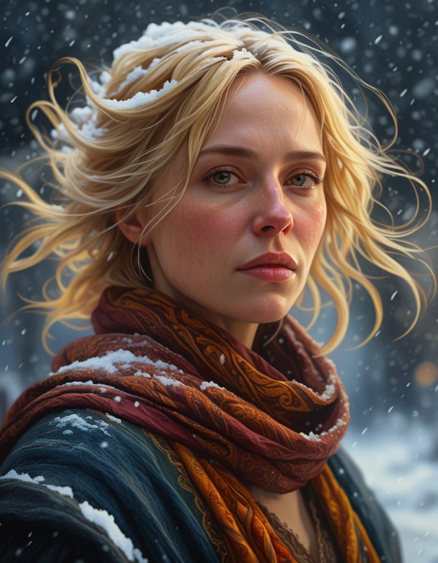 Ethereal Portrait of a Snow-Kissed Beauty in Chiaroscuro Sty...