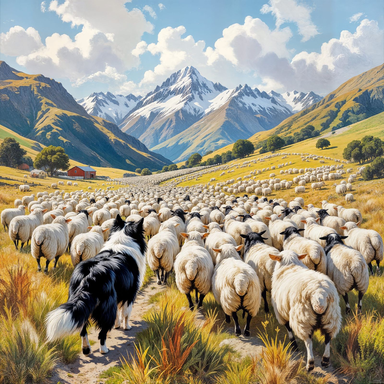 Border Collie and Farmer Herding Sheep in New Zealand