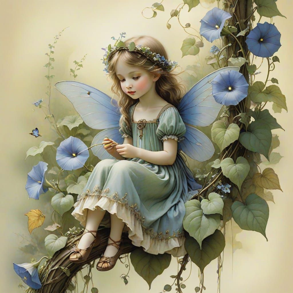 Morning glory fairy in the style of Cicely Barker