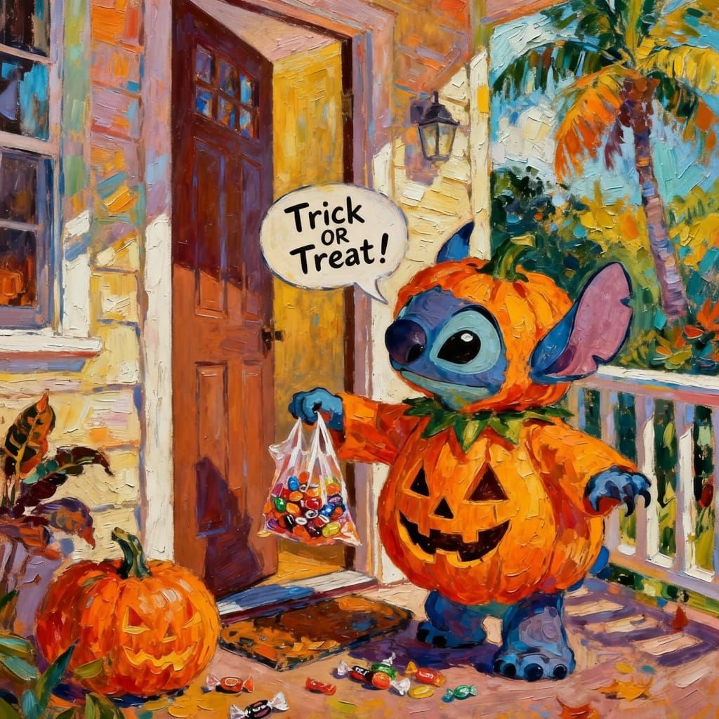 Stitch Trick-or-Treating in Hawaii in Neo-Impressionist Styl...