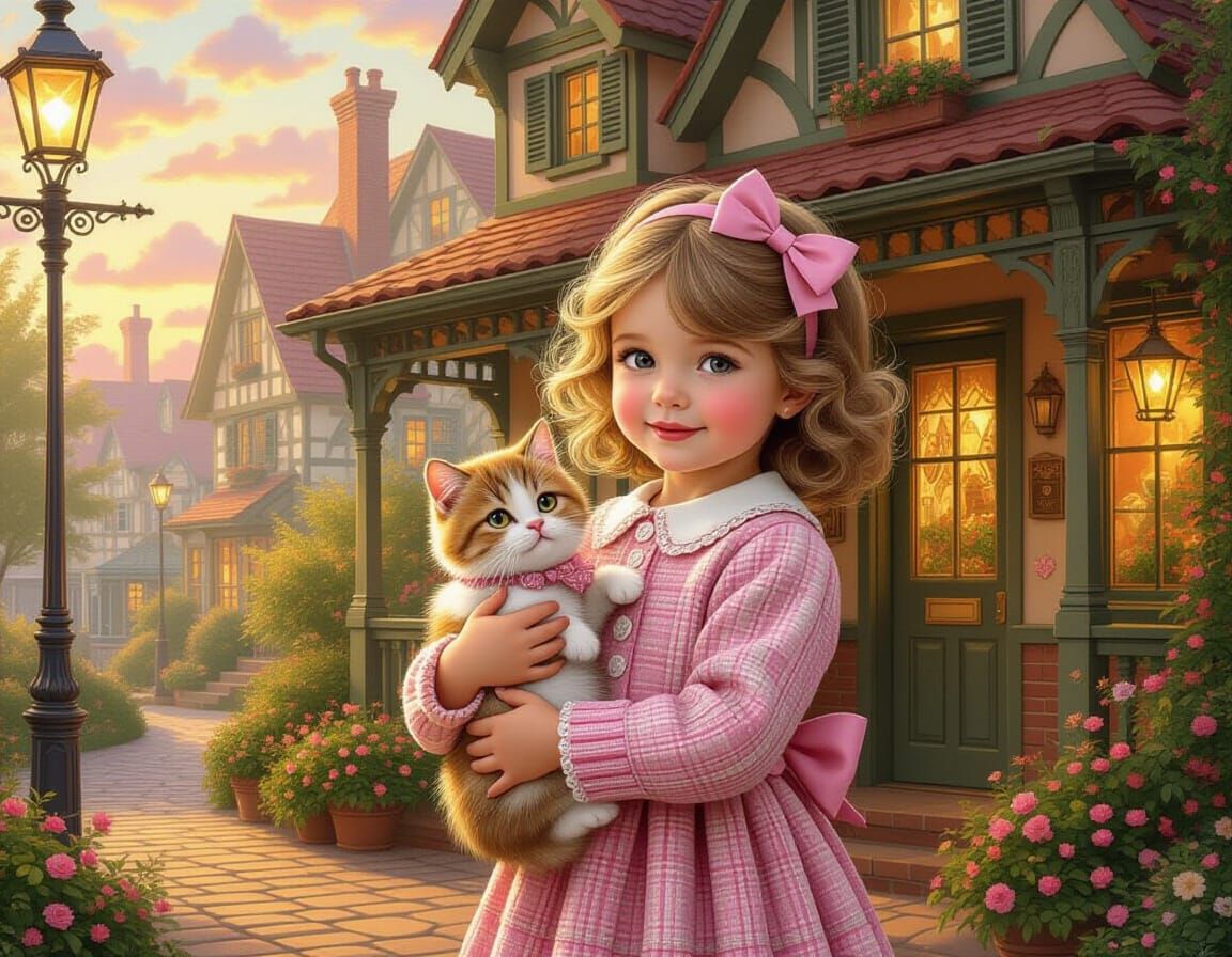 Girl in Tweed with Pet: Whimsical Golden-Lit Portrait