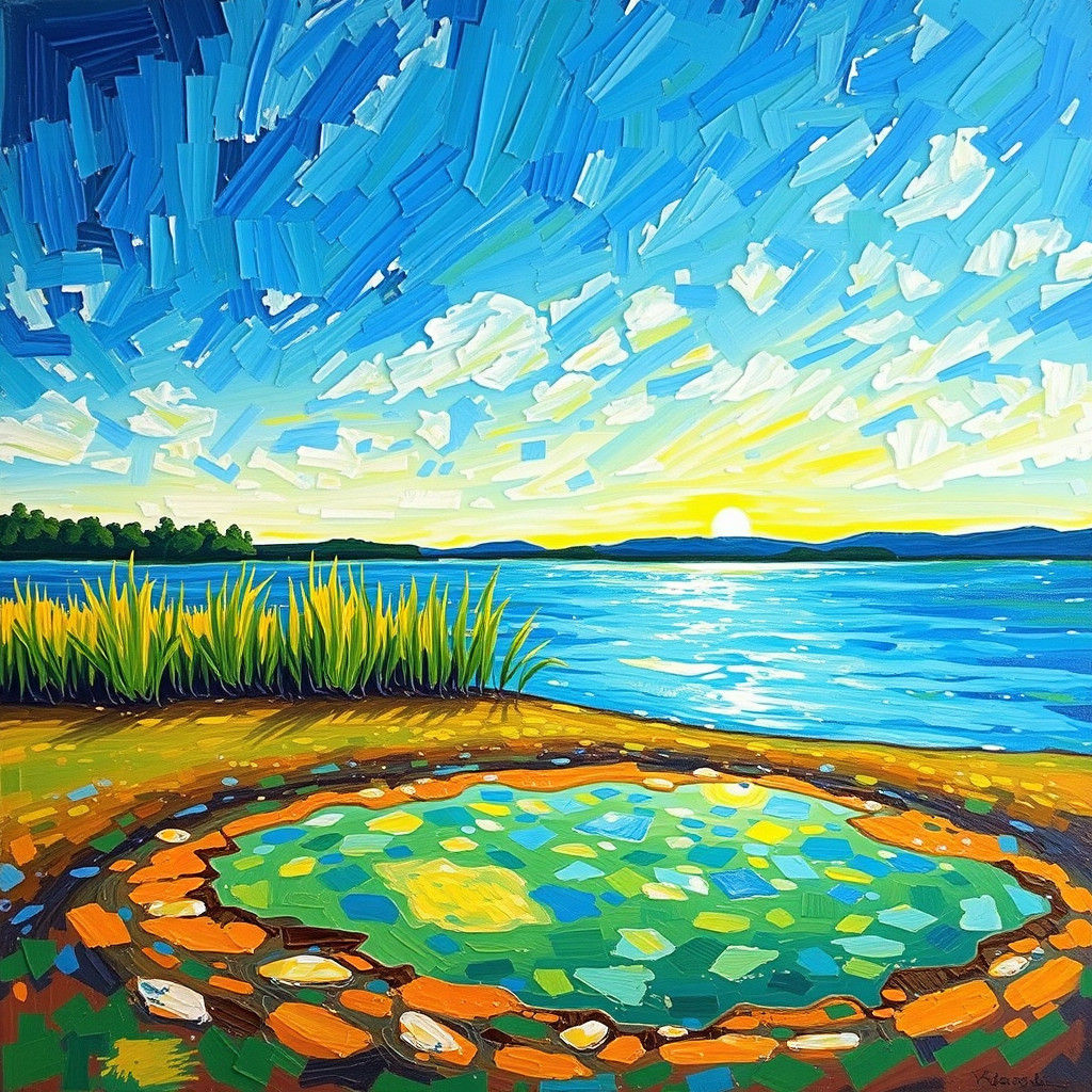 Vibrant Lake Scene in Impressionistic Mixed Media