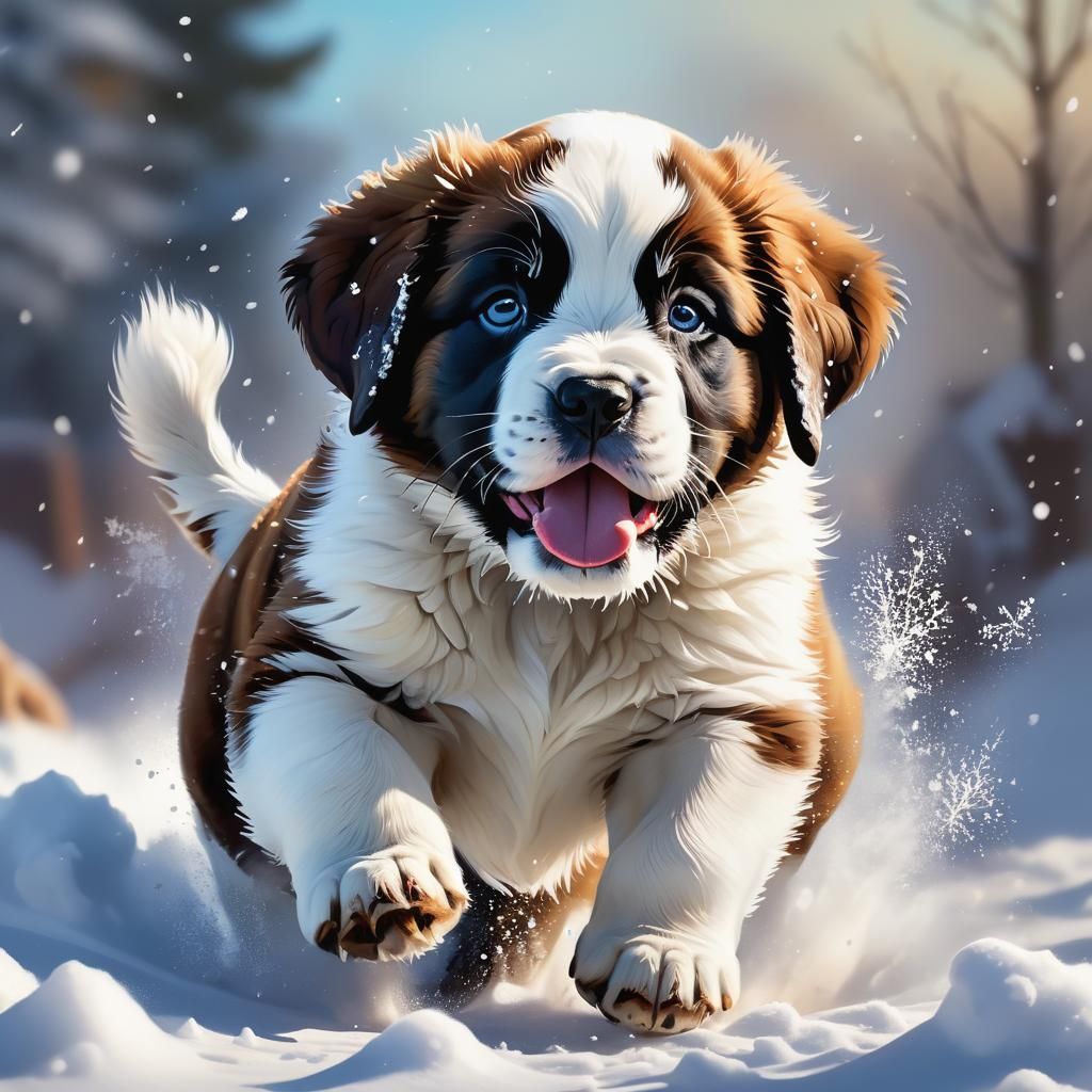Hyperrealistic St Bernard Puppy in Snow, Splash Art