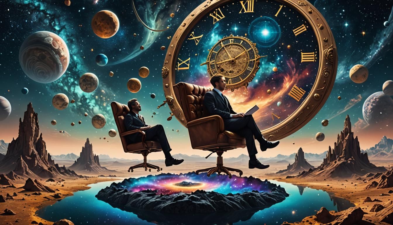 Man on Chair Floating in Cosmic Surreal Landscape