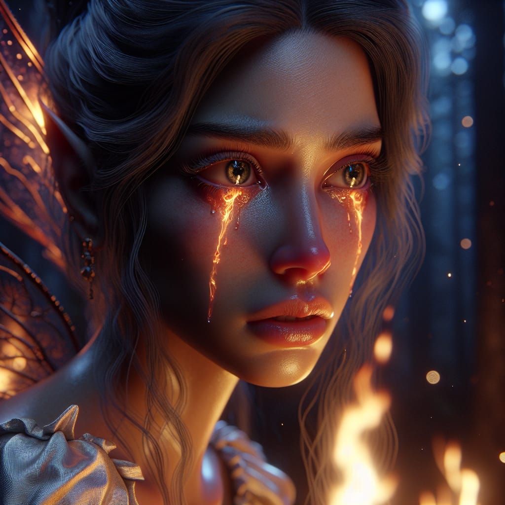 Elegant Fire Fairy's Sorrowful Gaze in Magical Forest