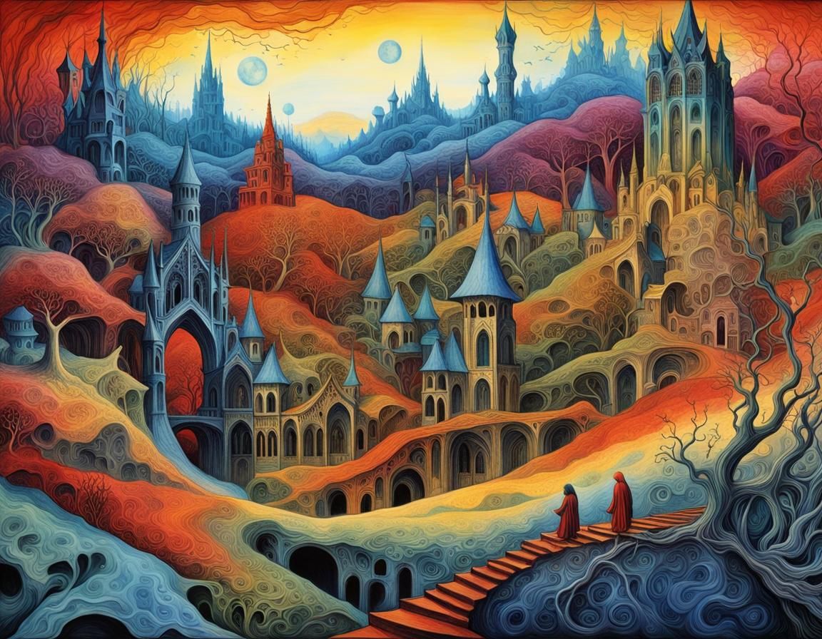 Surreal Floral Landscape with Exotic Creatures