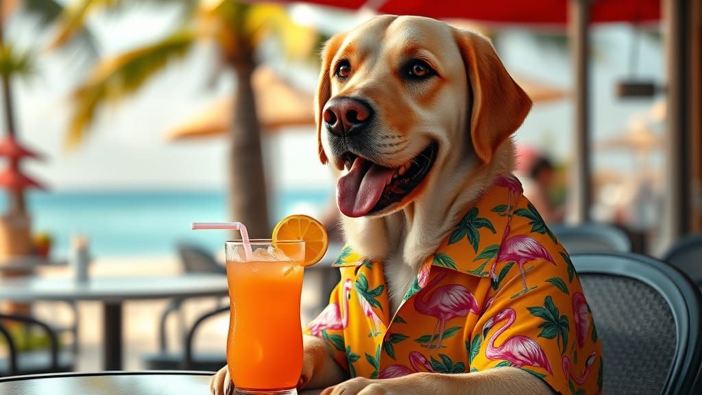 Golden Labrador Retriever in Tropical Beach Cafe Attire