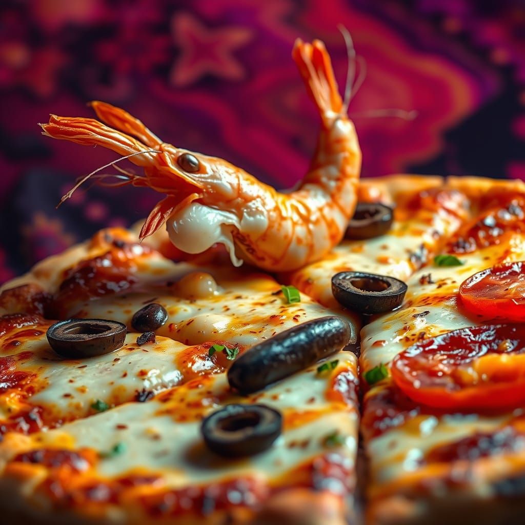 Hyperrealistic Pizza with Prawn, Pepperoni, and Anchovies