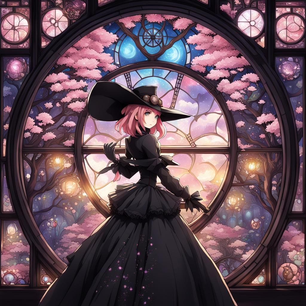 Steampunk Lady with Galaxy Stained Glass in Anime Style