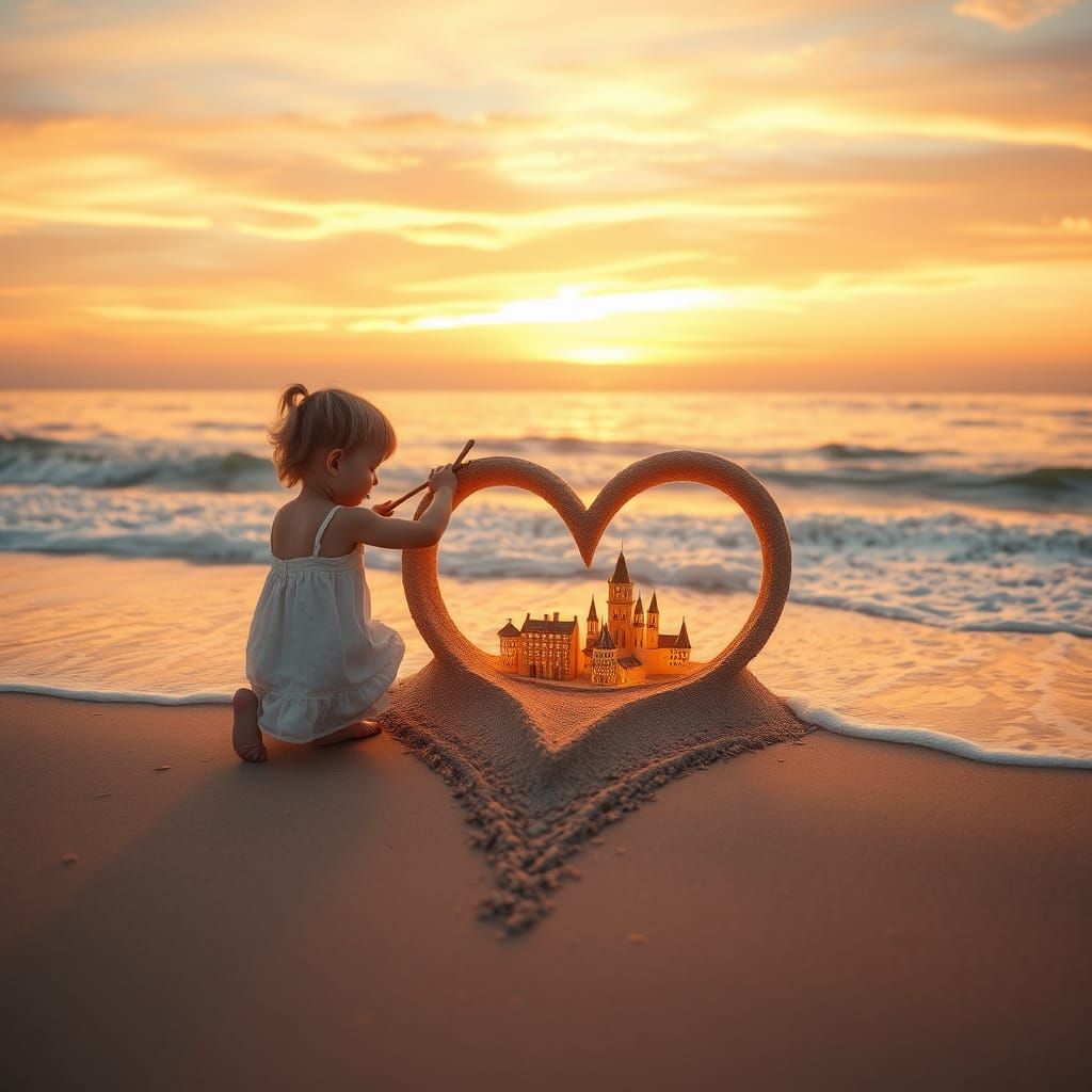 Child's Heartfelt Creation on Serene Beach at Golden Hour