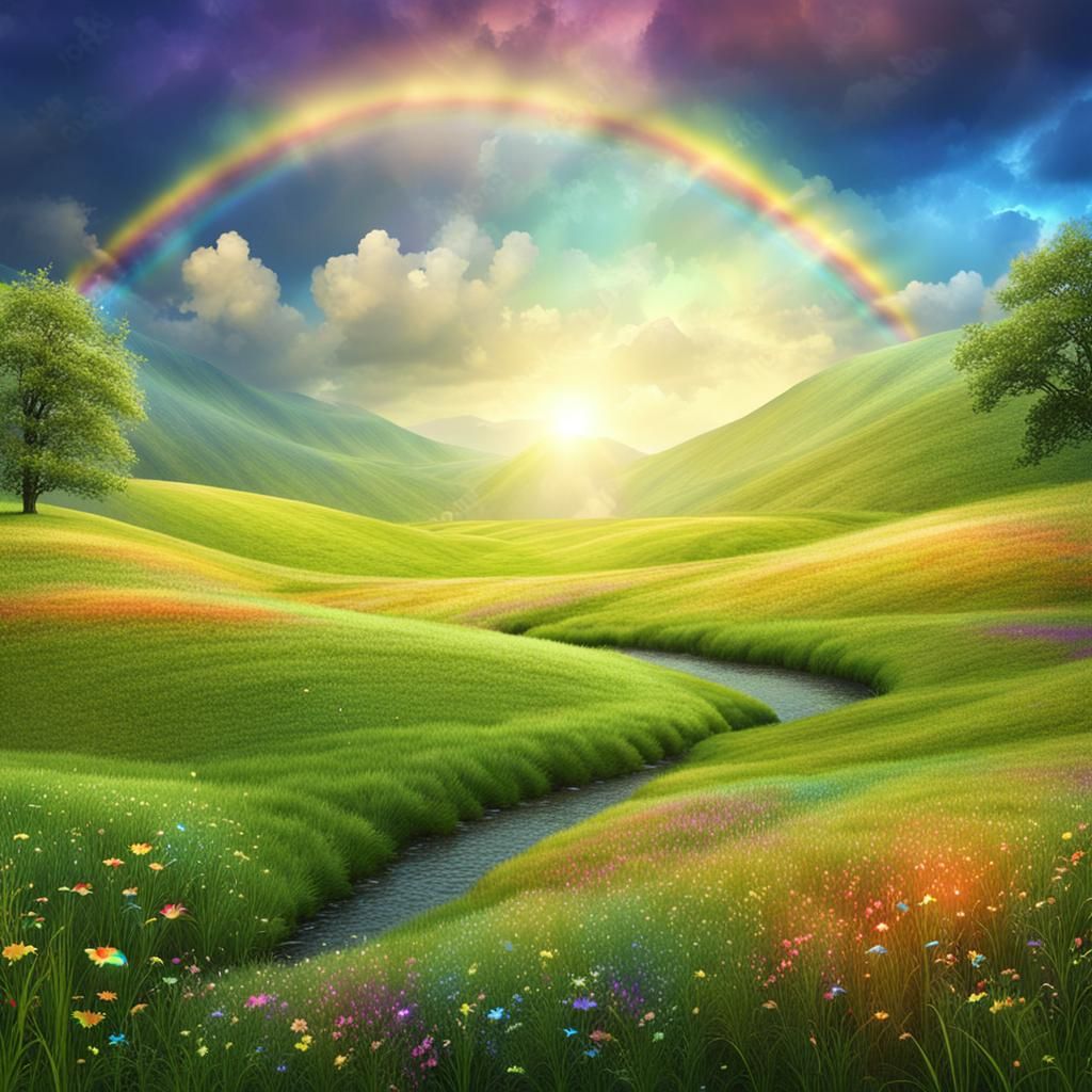 Rainbows Illuminate a Beautiful Grass Meadow