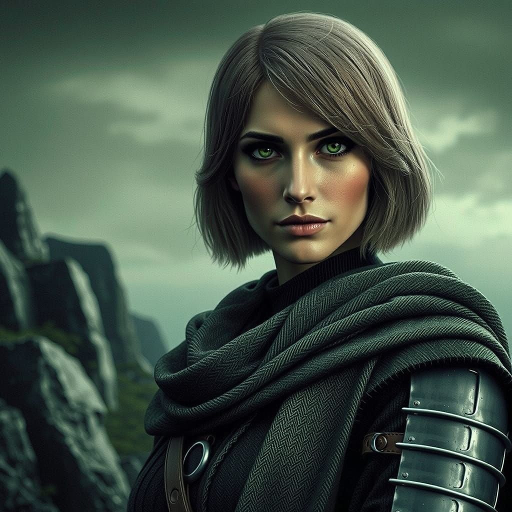 Surreal Portrait of Serene Woman Amidst Dark Landscape